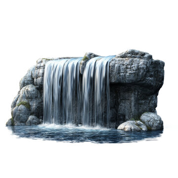 Water flowing over artificial rock formation. Small waterfall cascading over dark stones isolated on white background