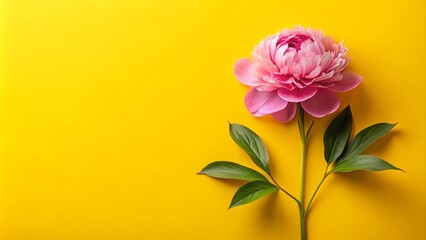 Fototapeta premium Single Pink Peony Blossom on Vibrant Yellow Background, Minimalist Floral Design Concept