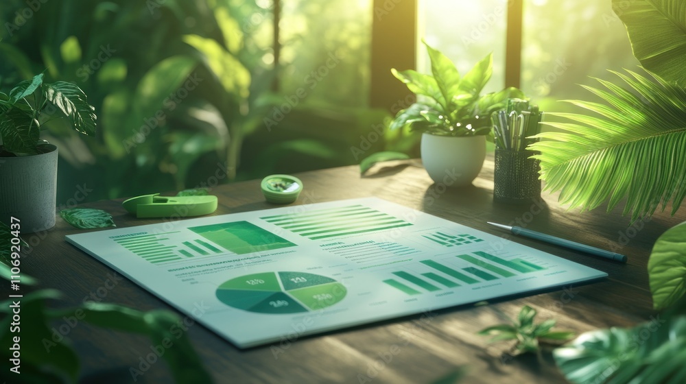 Aufkleber a workspace featuring green-themed charts and plants, emphasizing data analysis in nature.