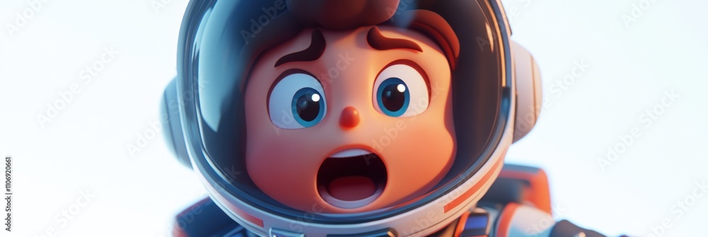 Poster a young astronaut with a surprised expression, floating in space.