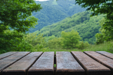 Fototapeta premium Empty wooden rustic table with natural landscape in background