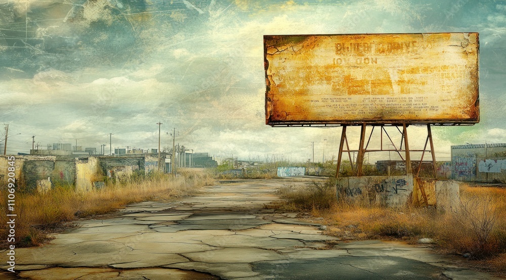 Poster An abandoned landscape featuring a weathered billboard and cracked pavement under a cloudy sky.
