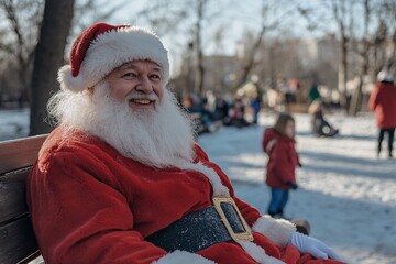 Obraz premium Santa Claus in a modern winter park, sitting on a bench with kids playing in the background, red outfit contrasting with snowy scenery, wide smile 3