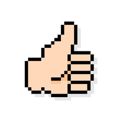 Fototapeta premium Pixel art of fingers gesturing thumb up sign. Pixelated hand gesturing okay and good sign.