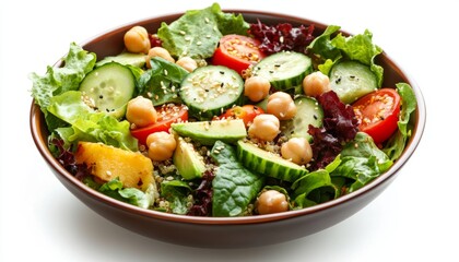 Healthy food colorful fresh vegetable salad with chickpeas, greens, tomatoes, cucumber slices