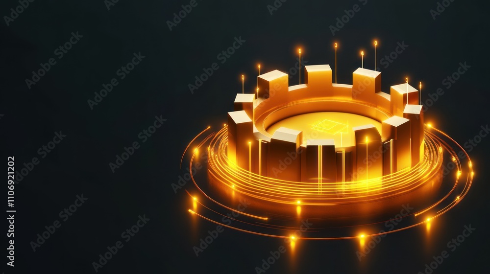 Poster a glowing 3d representation of a digital token surrounded by dynamic light effects.