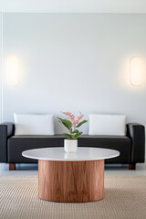 Modern living room with minimalist decor and a plant on a coffee table