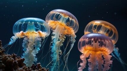 Fototapeta premium Three jellyfish swim gracefully in dark ocean water.