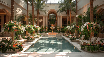 Tropical paradise, A central courtyard featuring a three-story circular wedding hall, adorned with grand floral arrangements and an open, airy design, set within a garden. with a stunning backdrop.