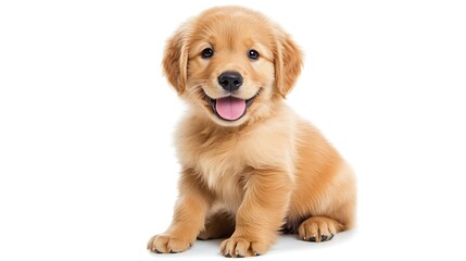 A cute little golden retriever puppy is sitting on a white background