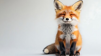A cute little fox is sitting on a white background with a smile on its face