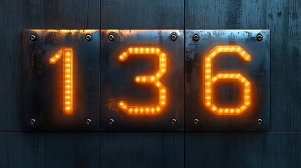 Illuminated number 136 on a rustic metal plate.