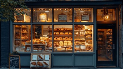 Cozy bakery storefront showcasing a variety of fresh breads and pastries.
