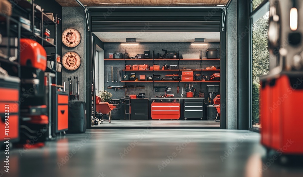 Poster a modern garage workspace with organized tools and equipment in red and gray tones.