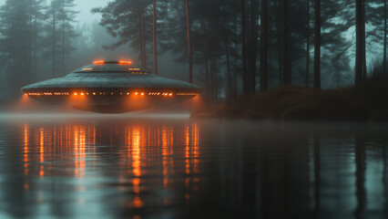 Mysterious flying spaceship hovers over tranquil lake surrounded by tall trees in foggy twilight