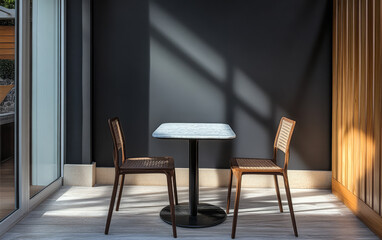 Cozy seating area with two chairs and a table by the window in a modern cafe