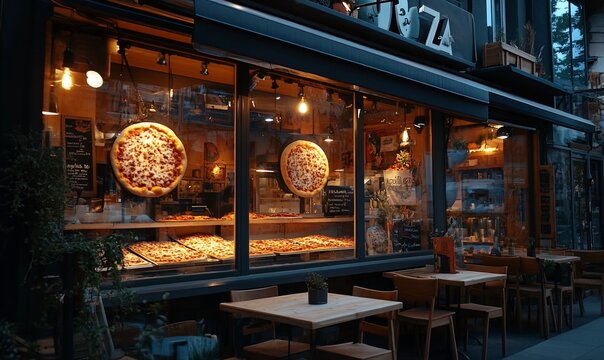 Cozy pizza shop with large pizzas displayed in a warm evening setting.