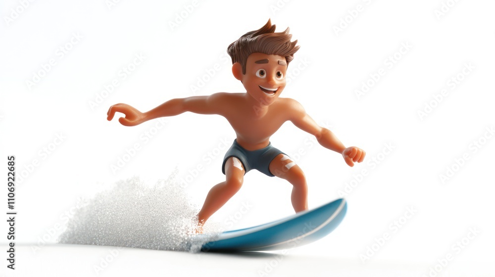 Poster A cheerful animated character surfing on a wave, showcasing fun and adventure.