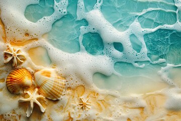 Plakat summer background with sea sand and sea waves, top view 