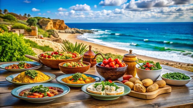 Exquisite Food Photography of Mediterranean Delights Along the Scenic Walking Path in Nahariya, Showcasing Fresh Ingredients and Vibrant Dishes Against Coastal Backdrops
