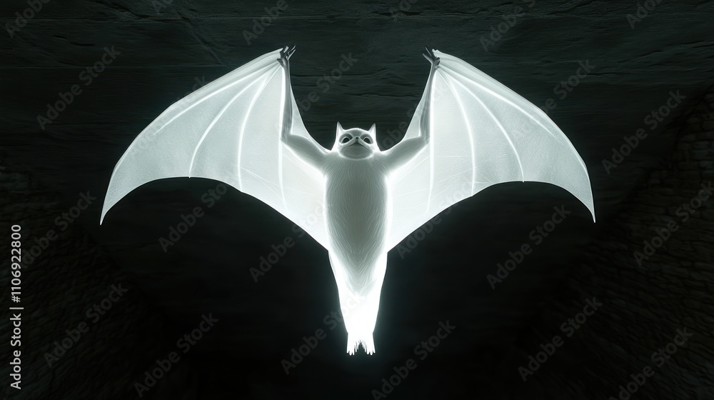 Poster a glowing, ethereal bat suspended in a dark space, creating a mystical atmosphere.