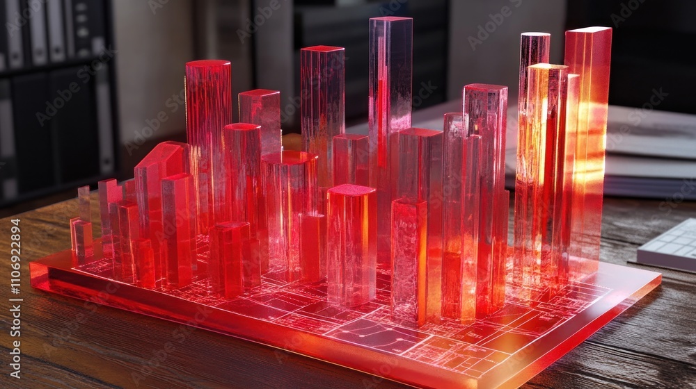 Aufkleber A 3D model of a cityscape made of red transparent blocks, showcasing data visualization.