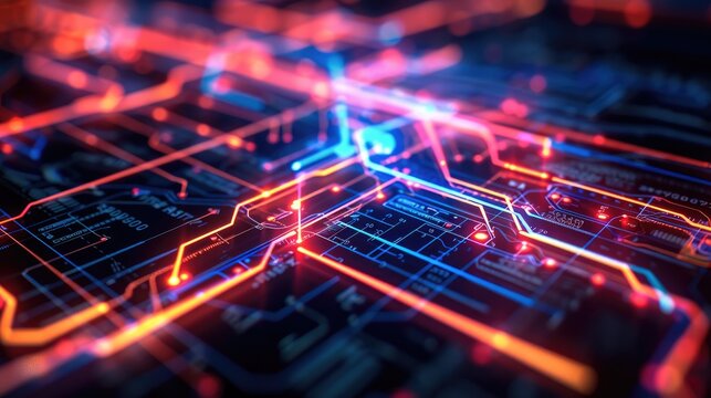A subway map and glowing dark blue and red light, in a futuristic style, on a black background.