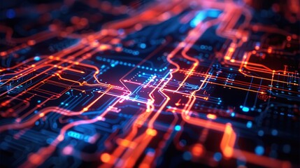 A subway map and glowing dark blue and red light, in a futuristic style, on a black background.