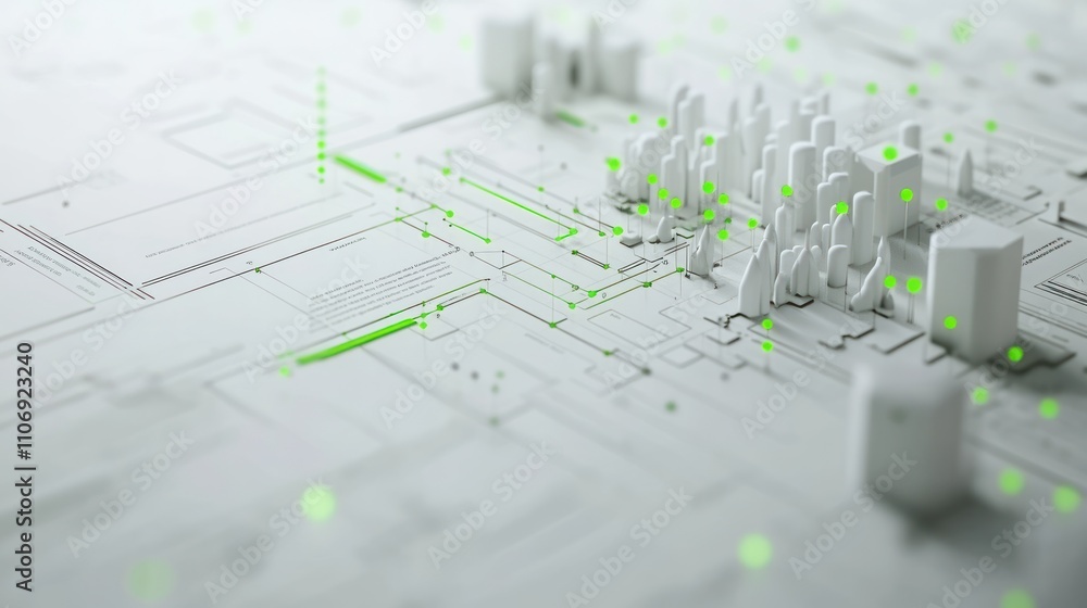 Aufkleber A 3D representation of a digital cityscape with green data points and circuit-like patterns.