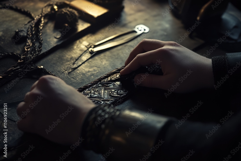 Poster A close-up of hands crafting intricate leatherwork with tools on a rustic workbench.