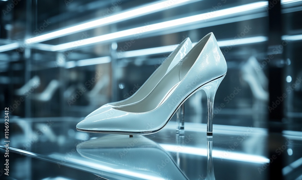 Poster elegant white high heel shoe displayed in a modern showcase.