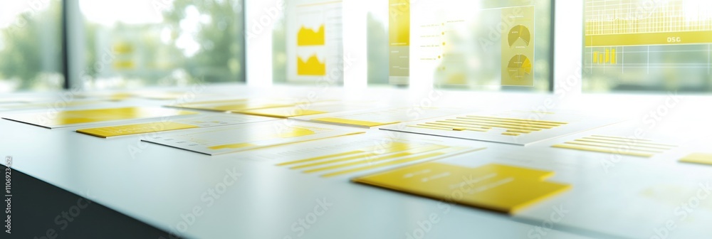 Poster A workspace featuring documents with charts and graphs, emphasizing data analysis.