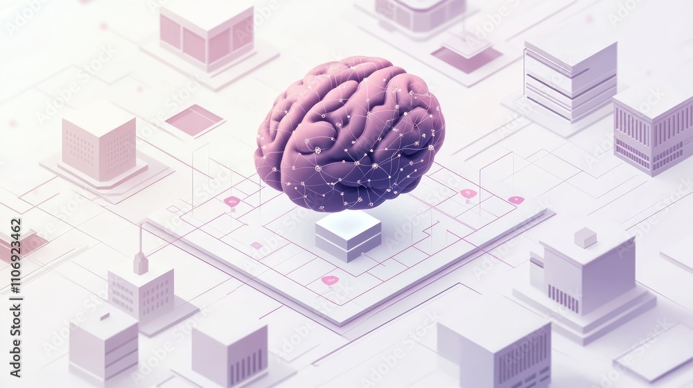 Poster a stylized brain surrounded by a digital cityscape, symbolizing ai and cognitive technology.