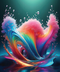 A hyperrealistic, surreal tree with a pink-blue canopy and flowing roots merging into iridescent liquid, in cinematic 8k detail