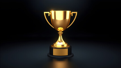 Shining golden sport trophy. 3d vector object on dark background. Generative AI