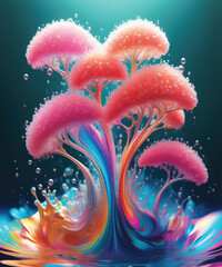 A hyperrealistic, surreal tree with a pink-blue canopy and flowing roots merging into iridescent liquid, in cinematic 8k detail