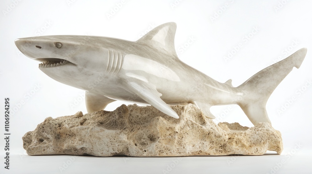 Poster a detailed sculpture of a shark, showcasing its dynamic form and realistic features.