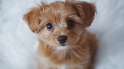 A small brown puppy with big eyes is sitting on a white surface