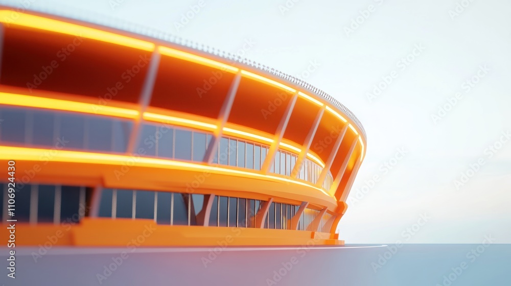 Poster a modern stadium with an orange glow, showcasing architectural design and functionality.