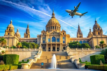 Fototapeta premium Exterior of the Barcelona National Art Museum with a commercial passenger airplane soaring through a blue sunny sky, showcasing the architectural beauty and aviation in Spain.