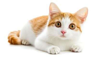 A cat with a white face and orange fur is laying on a white background
