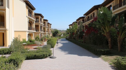 A cobblestone pathway lined with Mediterranean-style buildings and lush greenery