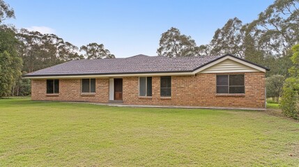 Obraz premium Brick Ranch House with Front Yard and Trees