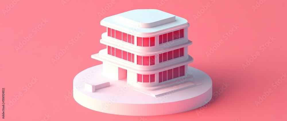 Poster a minimalist 3d rendering of a modern building on a circular base against a pink background.