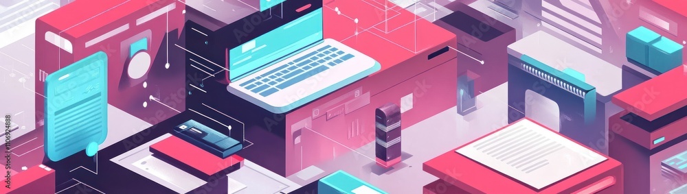 Poster Abstract digital workspace with devices and documents in a colorful, modern design.