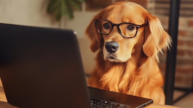 A dog wearing glasses is sitting in front of a laptop computer