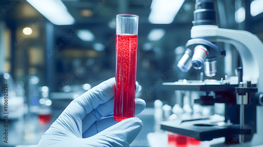 Poster laboratory action hand holding test tube in science environment microscope viewpoint for experimenta