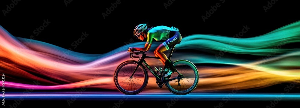 Poster a cyclist in motion, enhanced with vibrant colors and dynamic waves, symbolizing speed.
