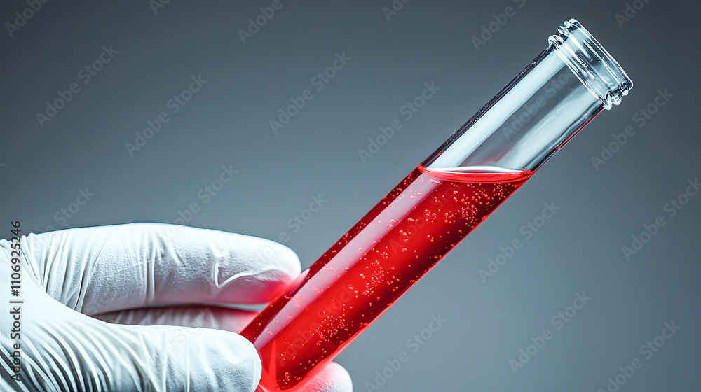 Poster laboratory test tube held by hand science experiment controlled environment close-up view on health 