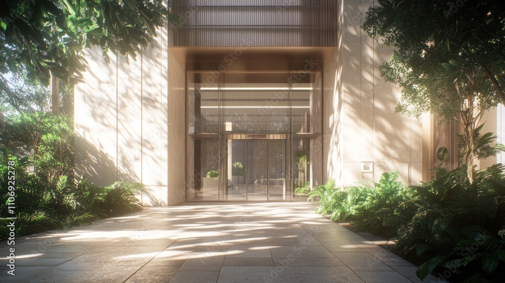 Poster modern entrance surrounded by lush greenery, showcasing a blend of nature and architecture.